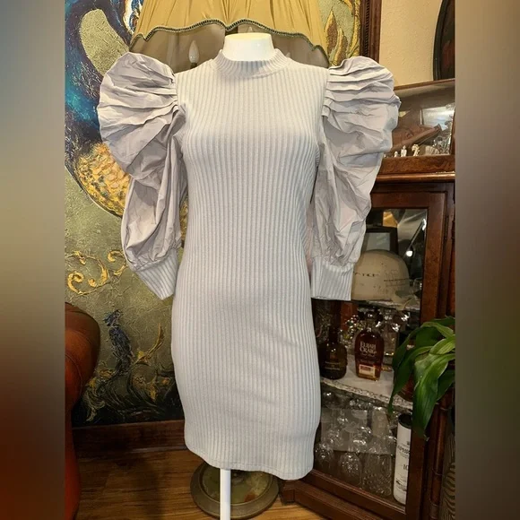 Athina Dramatic Puff Sleeve Ribbed Knit Mini Dress - Minimalist Glam - Picture 3 of 16